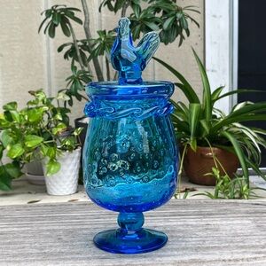 Vintage Rainbow Art Glass Co. Controlled Bubble Pedestal Jar/Rooster Finial